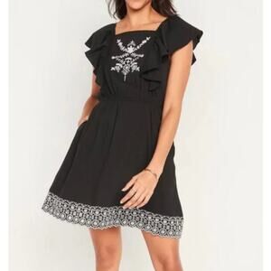 Old Navy XL Extra Large Black Embroidered Tie Back Mini Dress Flutter Sleeves